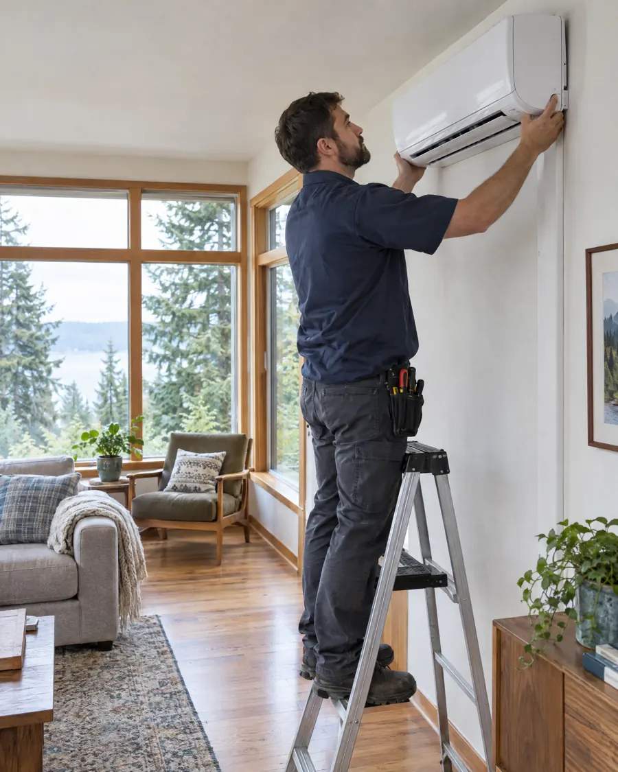 HVAC technician installing a ductless mini split in an Oregon living room